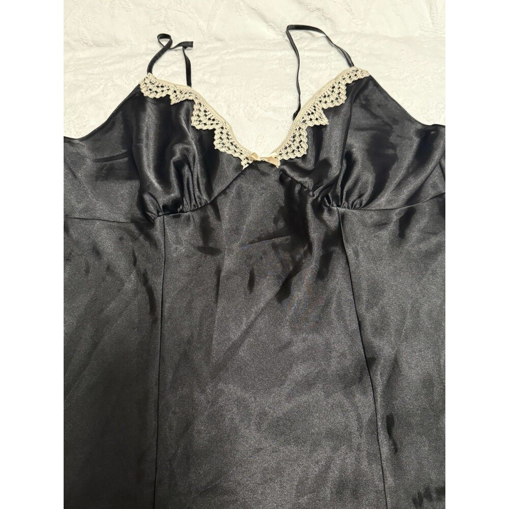 EUC Black Satin Slip Dress XL Lace Trim Babydoll Chemise Lingerie Y2K Pin Up